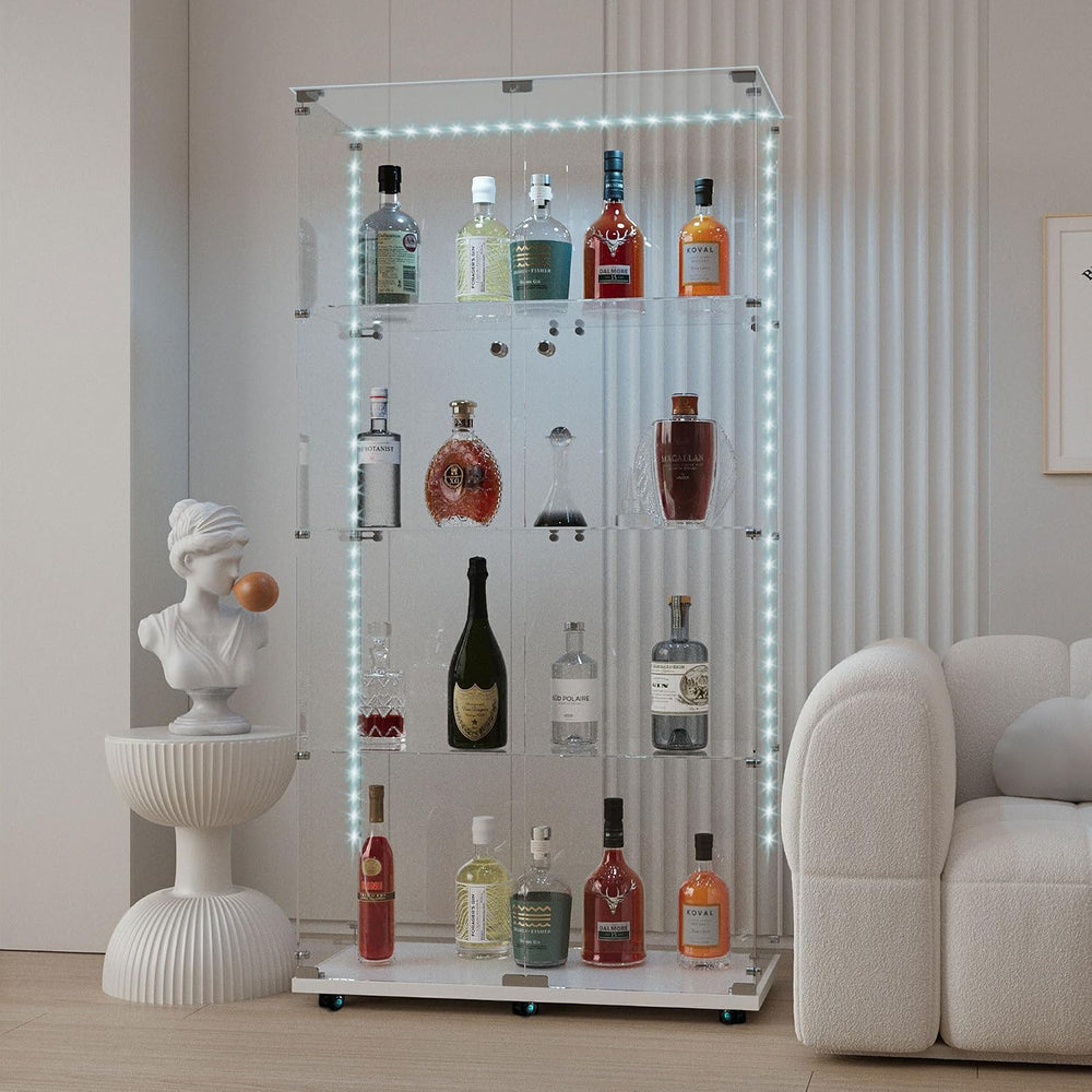 Glass Display Cabinet with LED Light Strip, 4 Shelves with 2 Doors, Glass Top...