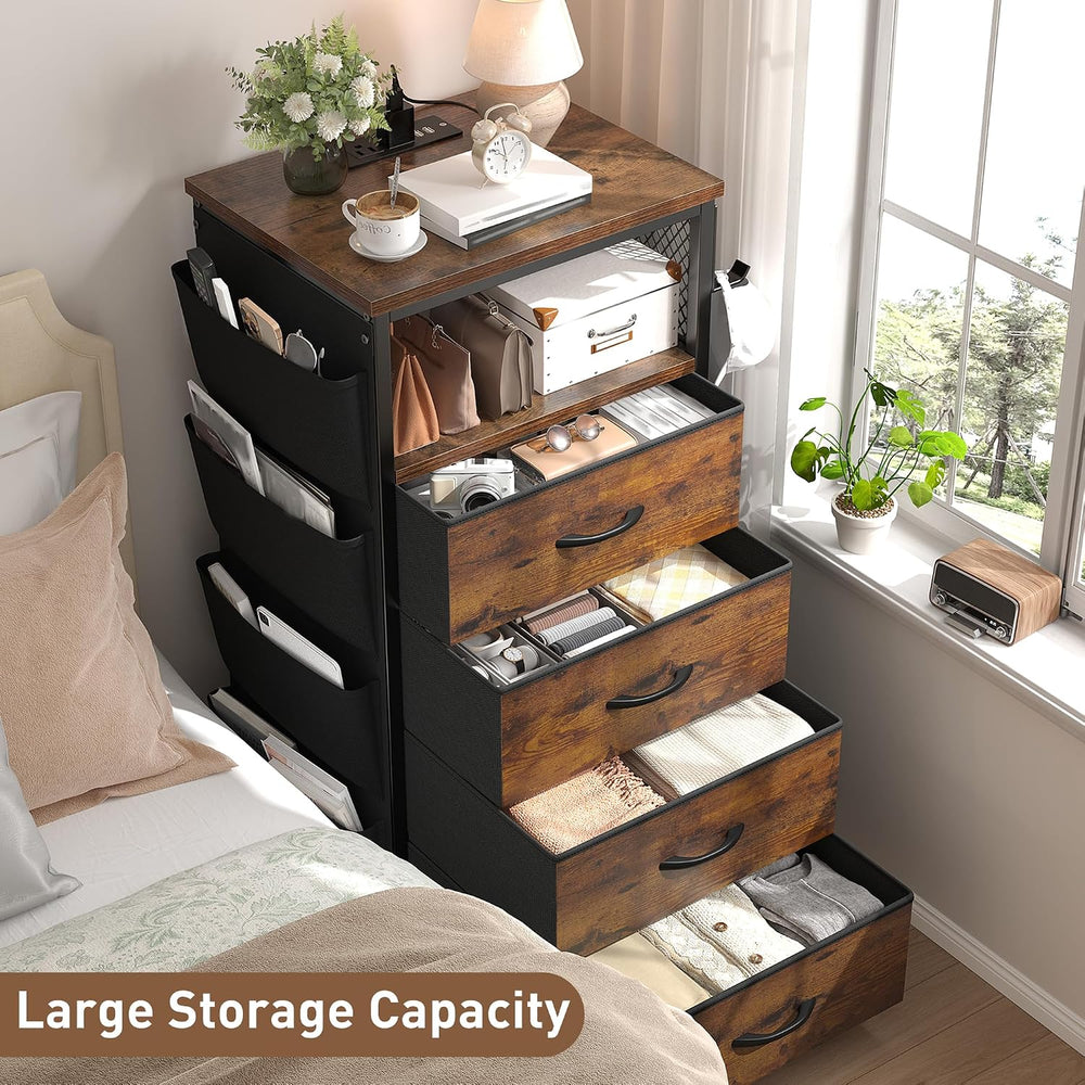 EnHomee LED Nightstand with Charging Station, Bedside Table with Fabric Drawe...