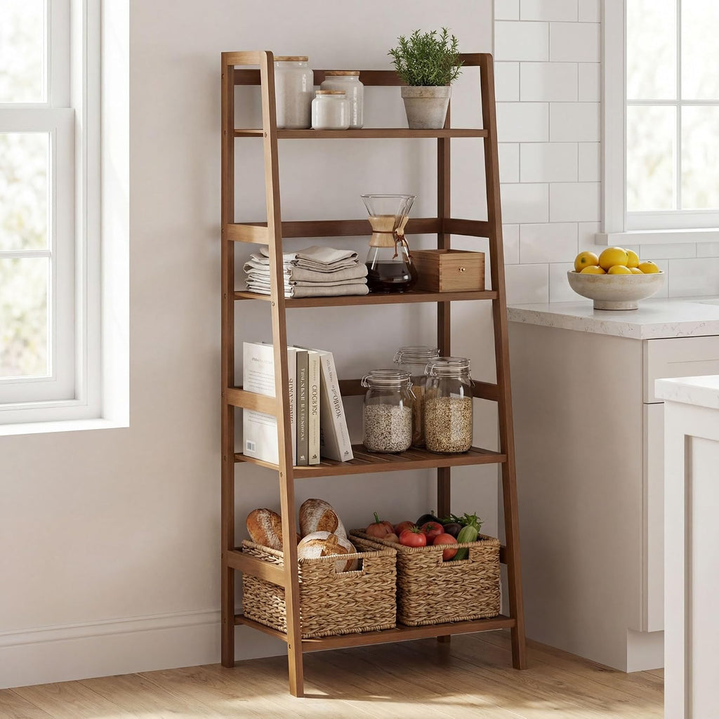COSTWAY 4-Tier Ladder Shelf, Bamboo Plant Stand Rack, Freestanding Bookshelf, Multifunctional Storage Shelves, Flower Stand Rack Holder for Garden, Balcony, Living Room, Bedroom (Brown)