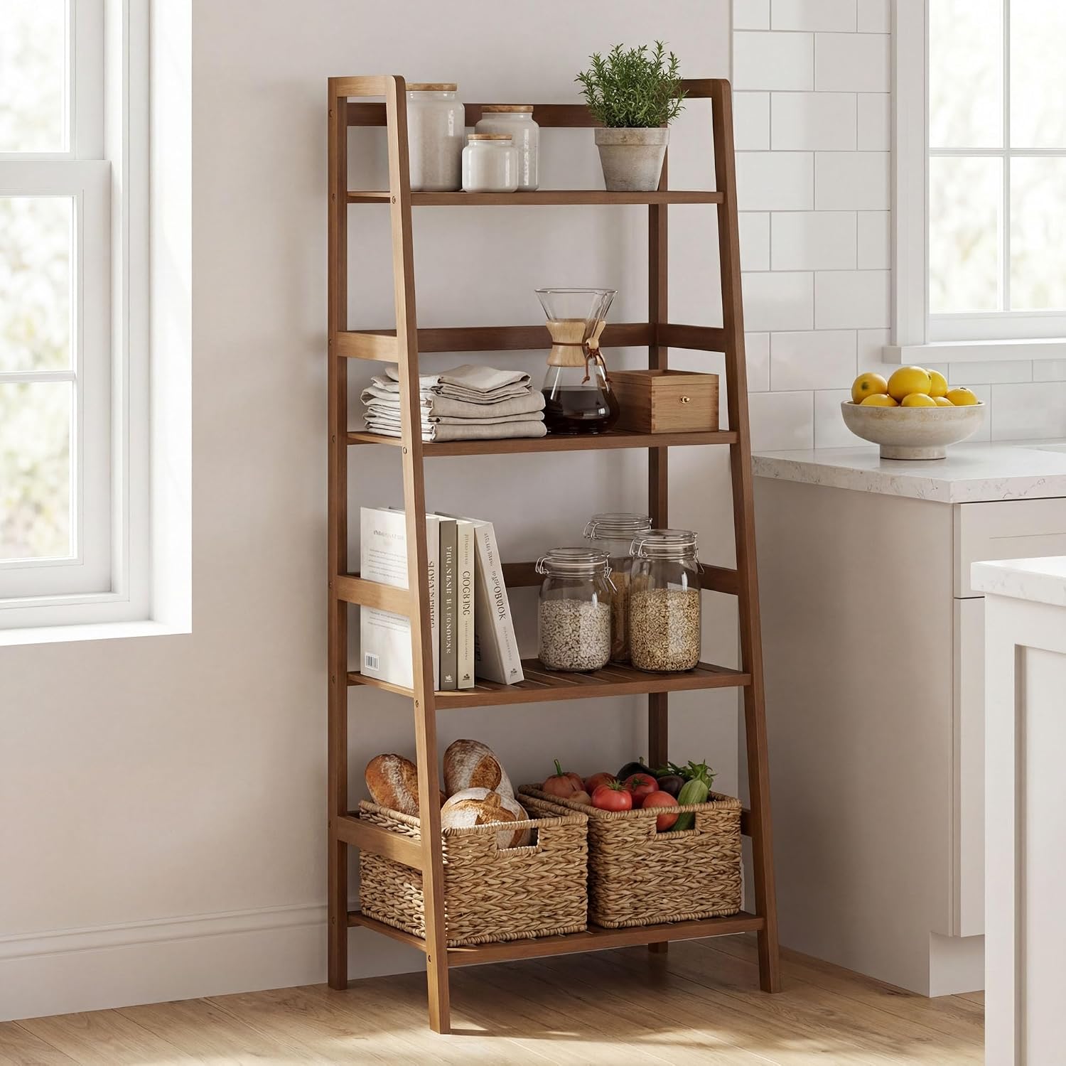 COSTWAY 4-Tier Ladder Shelf, Bamboo Plant Stand Rack, Freestanding Bookshelf, Multifunctional Storage Shelves, Flower Stand Rack Holder for Garden, Balcony, Living Room, Bedroom (Brown)