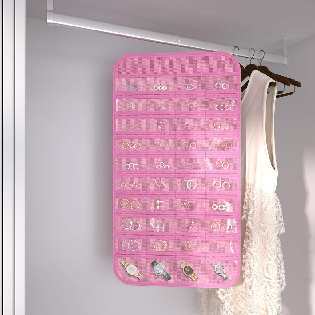 Hanging Jewelry Organizer Storage, 40 Pockets 36 Hooks Necklace Earring Necklace Bracelet Ring Organizer, Double - Sided Design, Pink