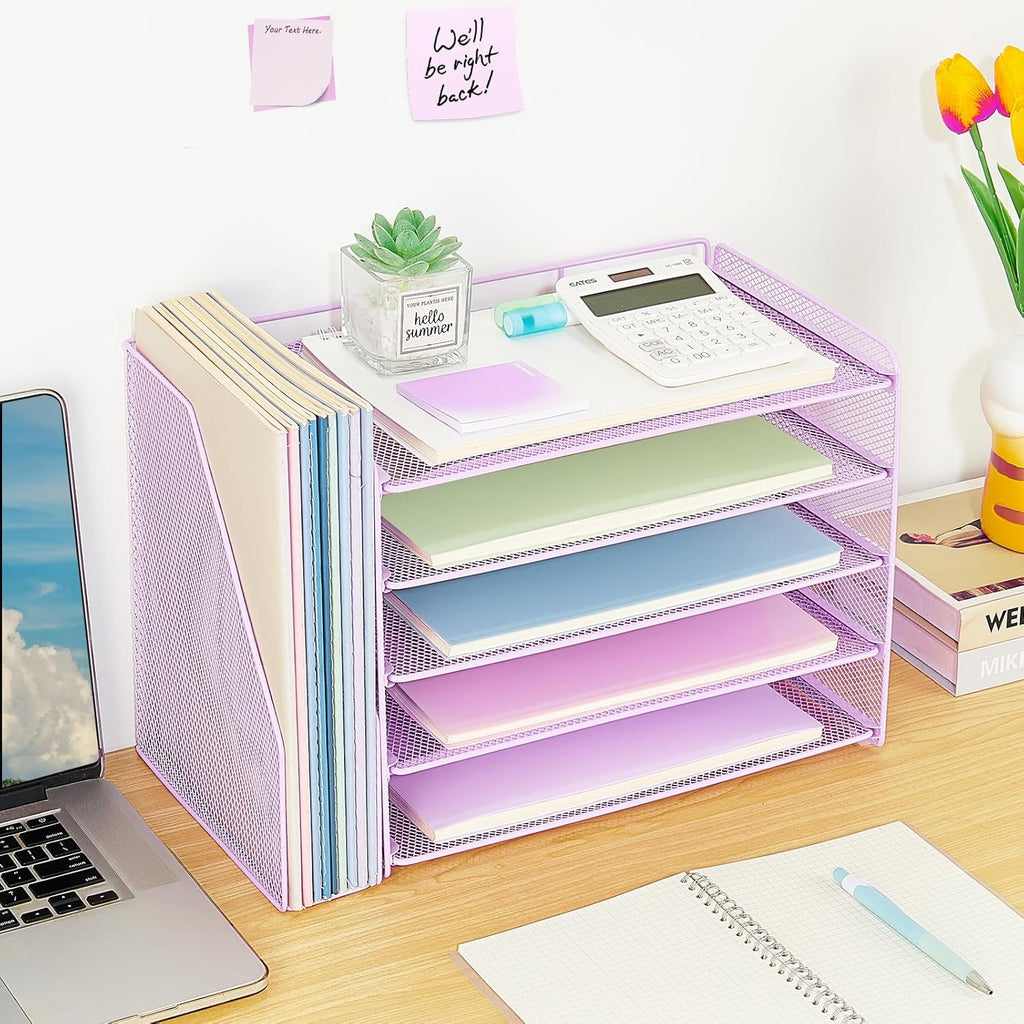 OPNICE 5-Tier Paper Organizer with Magazine Holder, Desk Organizers and Accessories, Office Desk Accessories & Workspace Organizers, Desktop File Organizer for Office Supplies Storage, Purple