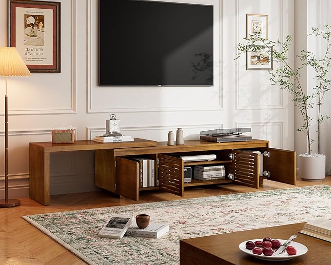 LKTART Mid Century Modern TV Stand,Extendable Entertainment Center for 65/70/75/80 Inch TV,Media Console for Living Room&Bedroom, Brown Ebony