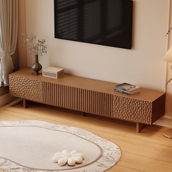 86.61" Mid-Century Modern TV Stand, Walnut Entertainment Center for TVs Up to 85", Media Console with 4 Doors & Large Storage, Sturdy Wooden Legs & Cable Management for Living Room