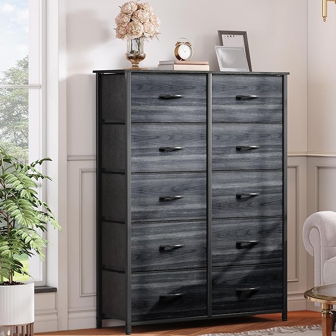 DWVO 10 Drawer Dresser - Fabric Storage Tower, Organizer Unit for Living Room, Hallway, Closets - Sturdy Steel Frame, Wooden Top & Easy Pull Fabric Bins