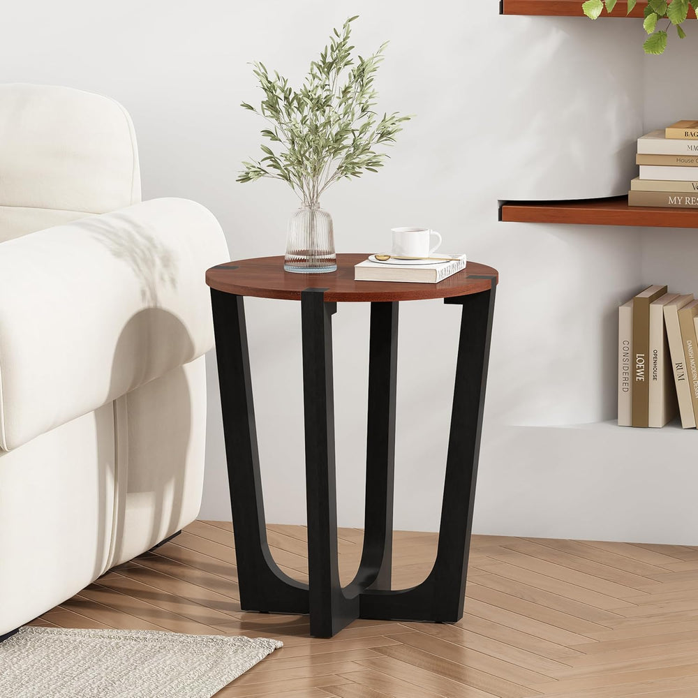 Round Wood Side End Table, Modern Industrial Accent Table with Curved Black M...