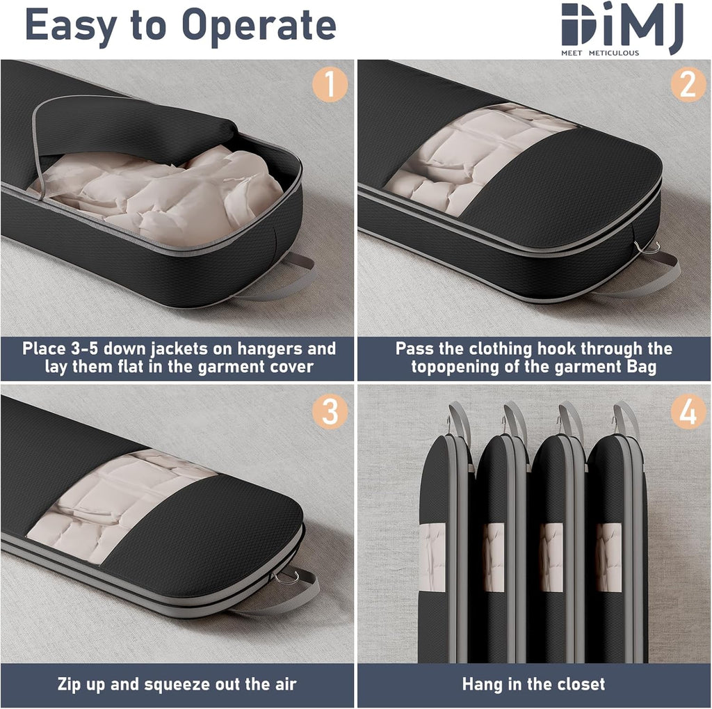 DIMJ 4 Pack 43" Space Saving Garment Bags for Hanging Clothes With Compression Zipper Carry Handles and Window, Washable Suit Bag for Dress, Clothes, Coats, Down Jacket, Closet, Moving, Travel