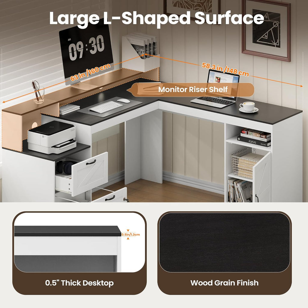 MALOL 63" Farmhouse L Shaped Executive Desk, Corner Computer Desk with Drawers & Storage Shelf, Home Office Desk with Power Outlet, Monitor Stand, Wood Grain Desktop, White & Black