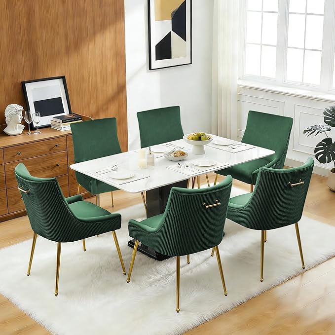 Velvet Dining Chairs Set of 6, Modern Upholstered Kitchen Chair with Pull Handle & Pleated Back, Mid Century Accent Chair with Gold Metal Legs for Vanity,Dining,Kitchen,Living Room, Green