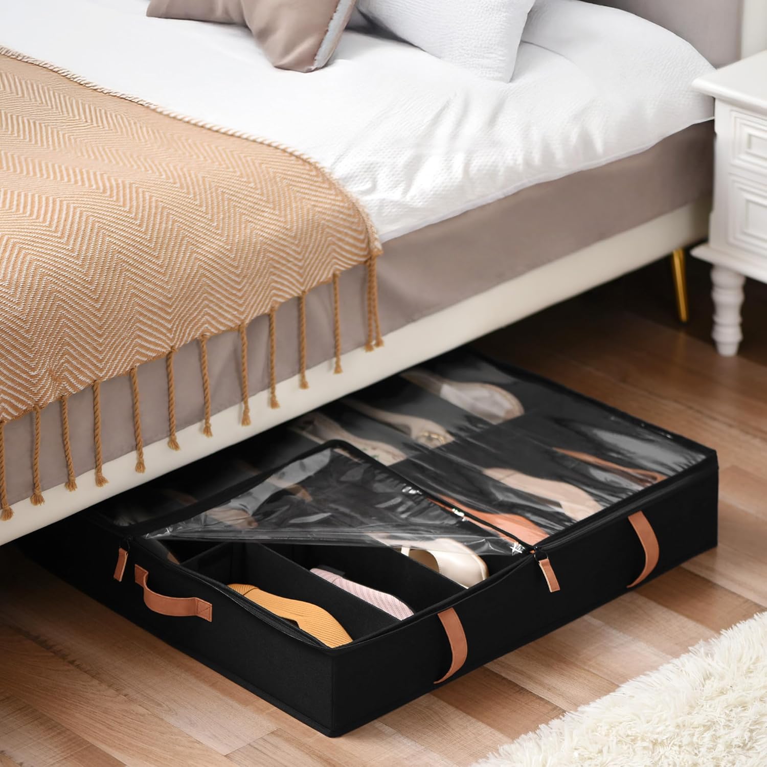 StorageWorks Shoe Organizer for Closet, Fits up to 24 Pairs, 2-Pack Ultra-thick Fabric Under Bed Shoe Storage Containers with Bottom Support and Adjustable Dividers, Black