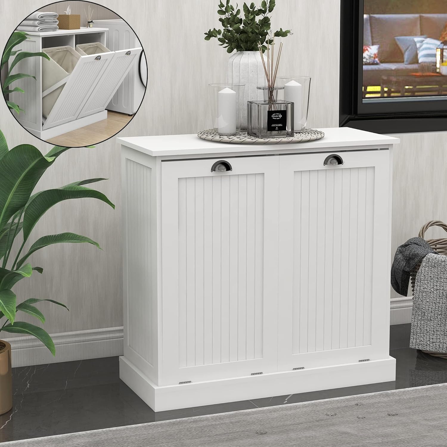 Tilt Out Laundry Hamper with Removable Basket, Hidden Laundry Hamper, Wood Bathroom Storage, Free Standing Home Organizer, White, LOC005