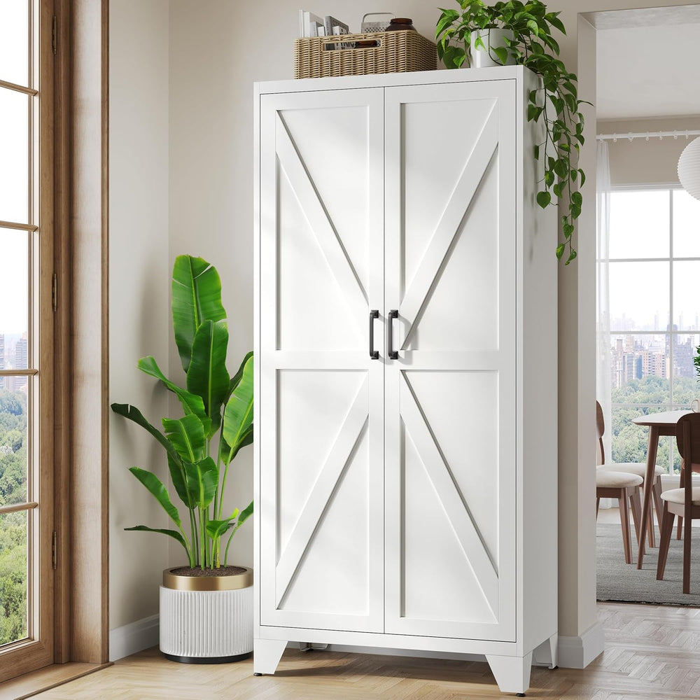 Metal White Storage Cabinet with 2 Doors and 4 Adjustable Shelves, 75" T...