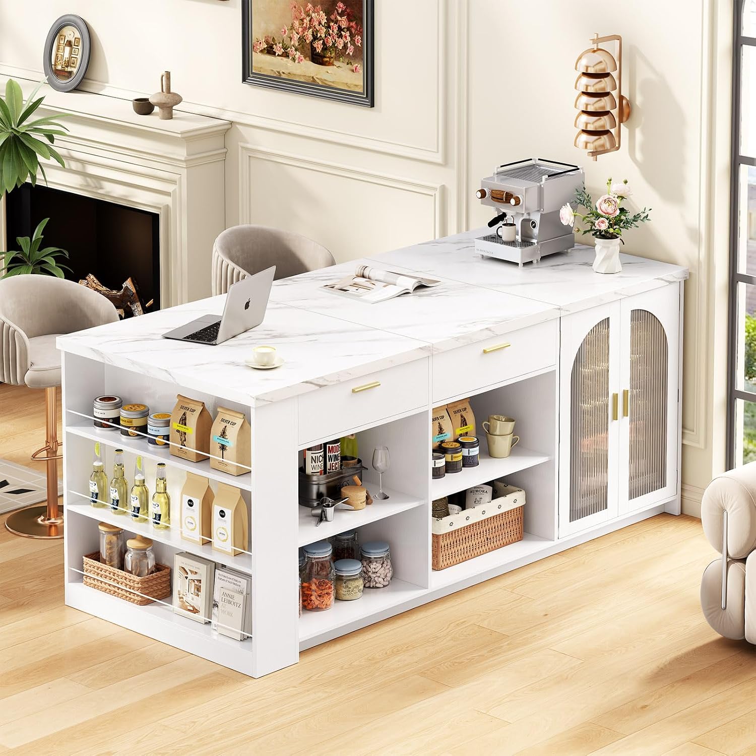 IBF 71" Modern Large Kitchen Island with Storage, White Faux Marble & White | Wood Island Table with Seating for 4, Stationary Island Cabinet with Drawers & Fridge Space, Counter Height Island Bar