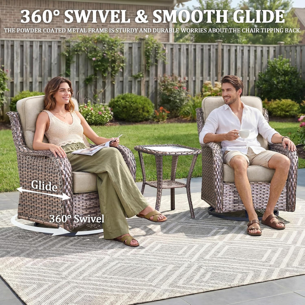 Luxury Swivel Rocker Chairs Fire Pit Table Set with 6" Thick Cushion 4 piece Wicker Outdoor Patio Chair with Sofa,Comfortable High Back Outdoor Patio Furniture Set - Brown | Beige