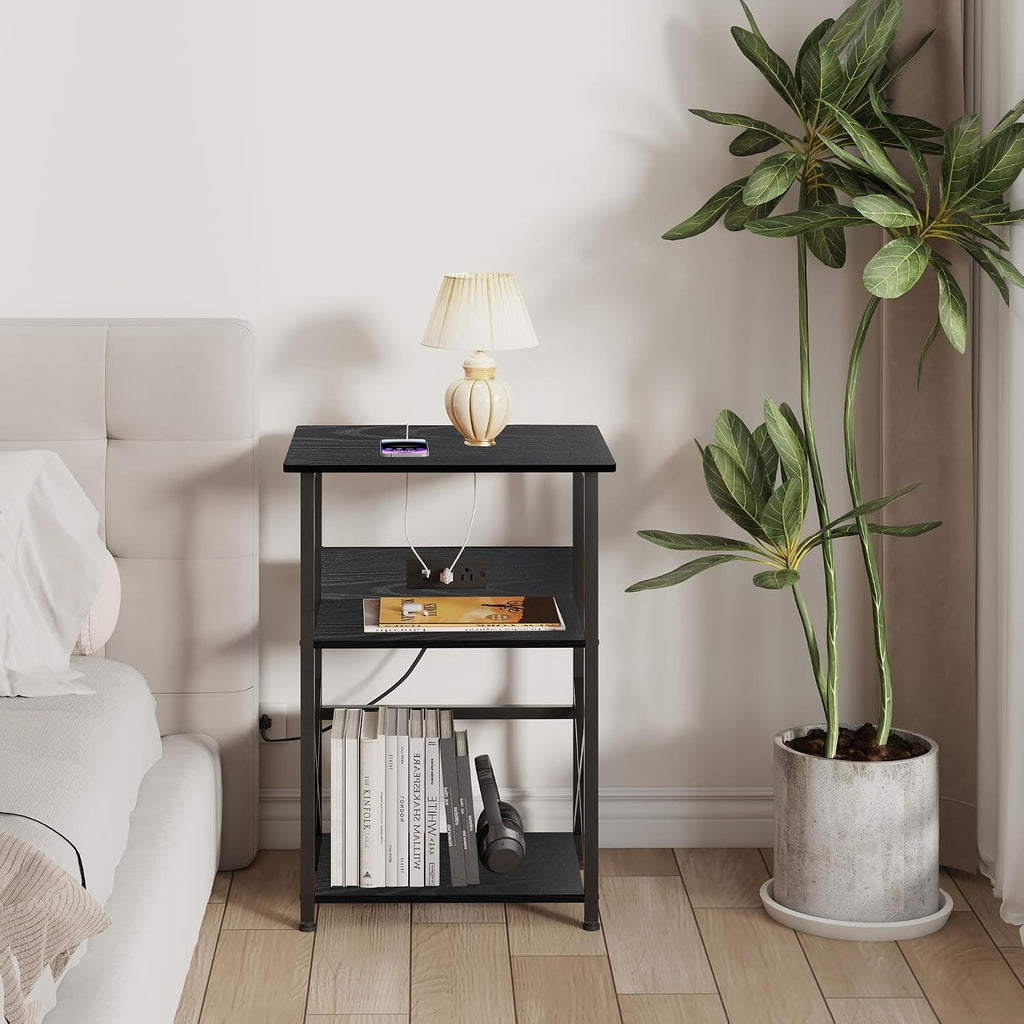 DALEMHOME Record Player Stand with Charging Station, 3-Tier Side Table for 100 Vinyl Storage, End Table for Living Room, Bedroom, Black HKET1002BK