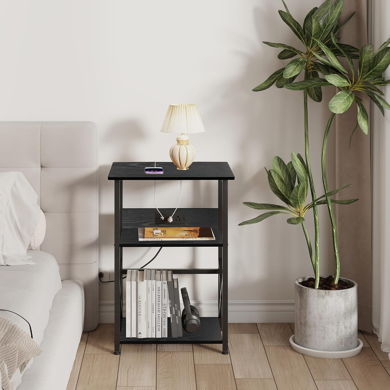 DALEMHOME Record Player Stand with Charging Station, 3-Tier Side Table for 100 Vinyl Storage, End Table for Living Room, Bedroom, Black HKET1002BK