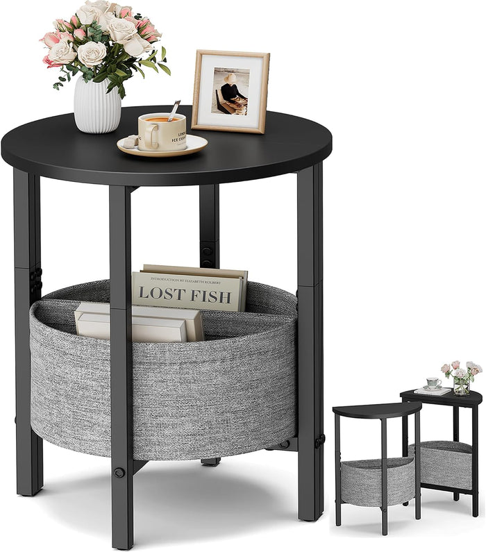 Vagusicc Small Round Side Table End Table, Tall Accent Table with Storage Basket, Set of 2 Half Round Tables Half Moon Tables, Coffee Bedside Tables, Modern Nightstand for Living Room Bedroom, Black