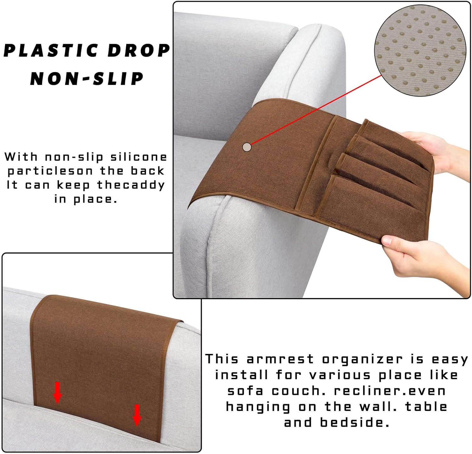 NB Sofa Armrest Organize remote holder bedside caddy organizer with 5 pockets，non-slip couch remote control holder couch armchair caddy accessories (Brown, 35"x12.4")
