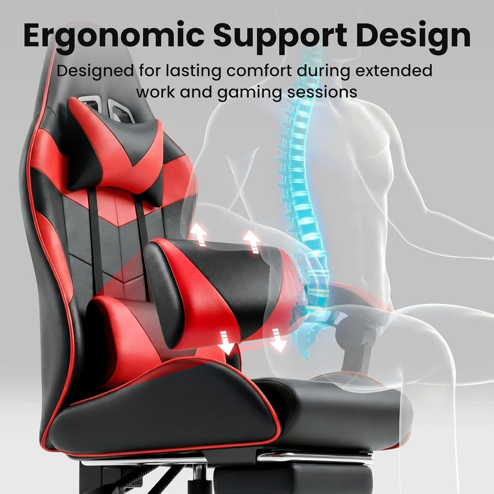 Gaming Chair, Ergonomic Footrest, Lumbar & Headrest(Red Black) | Steel fr...