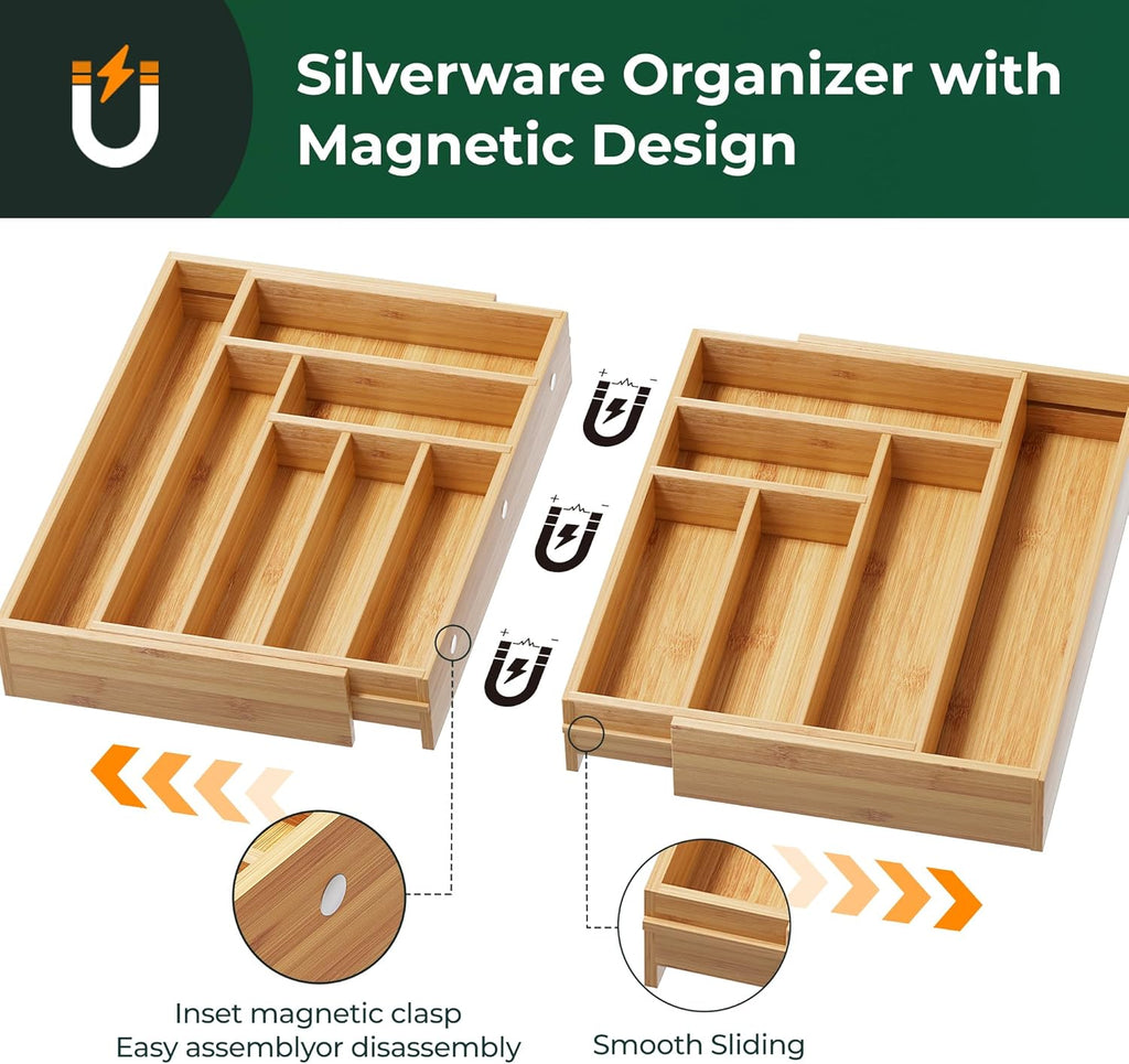 Large Silverware Organizer, 13 Slots Magnetic Connected Expandable Bamboo Utensil Drawer Organizer From 21 to 37.4 Inches, Adjustable Flatware and Cutlery Holder, Utensil Tray for Kitchen Natural