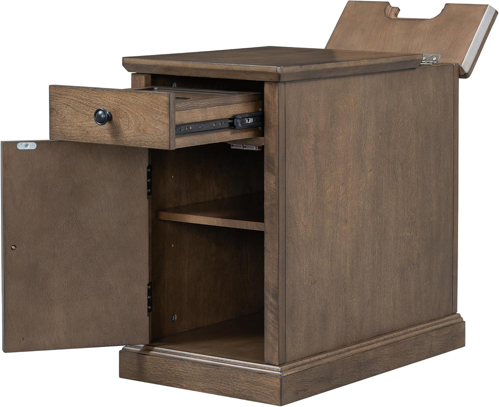 Merax Vintage End Table with Charging Station, Narrow Side Table with Cup Hol...