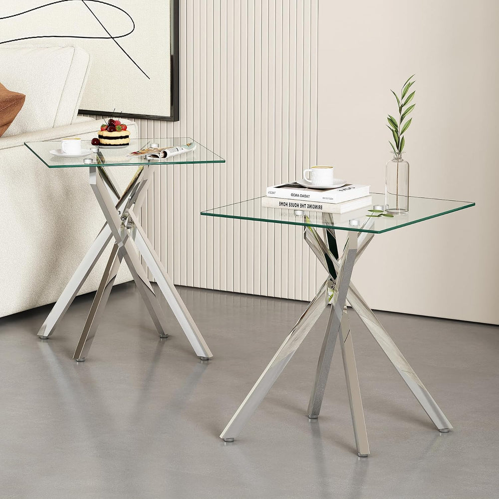 Modern Glass Side Table 17.72" Square End Table with Metal Legs, Small C...