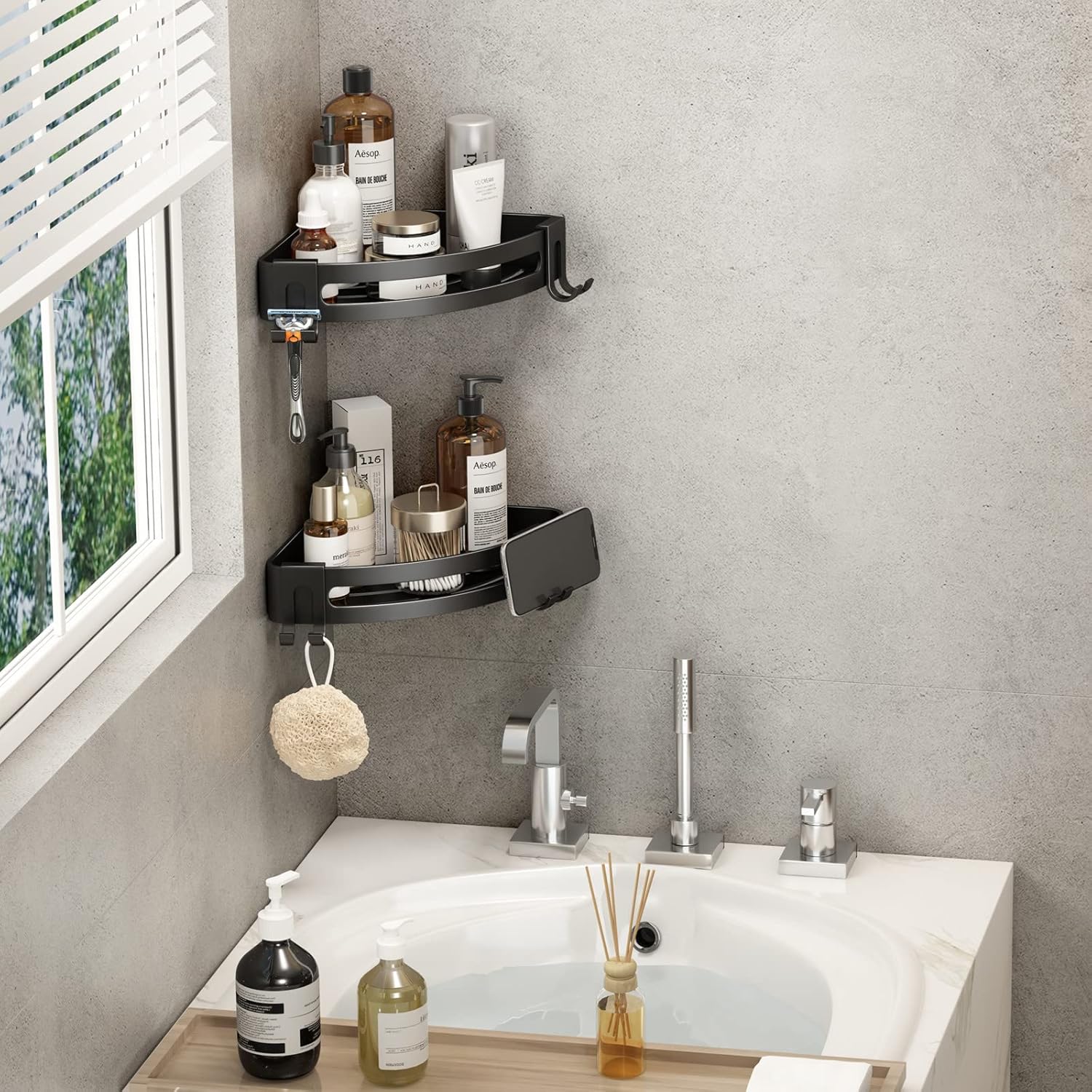 VOLPONE Corner Shower Caddy with Razor Holder Adhesive Shower Shelf Corner No Drilling (adhesive mounting, no suction cup) Bathroom Shower Organizer Storage Rack (2-Pack, Black)