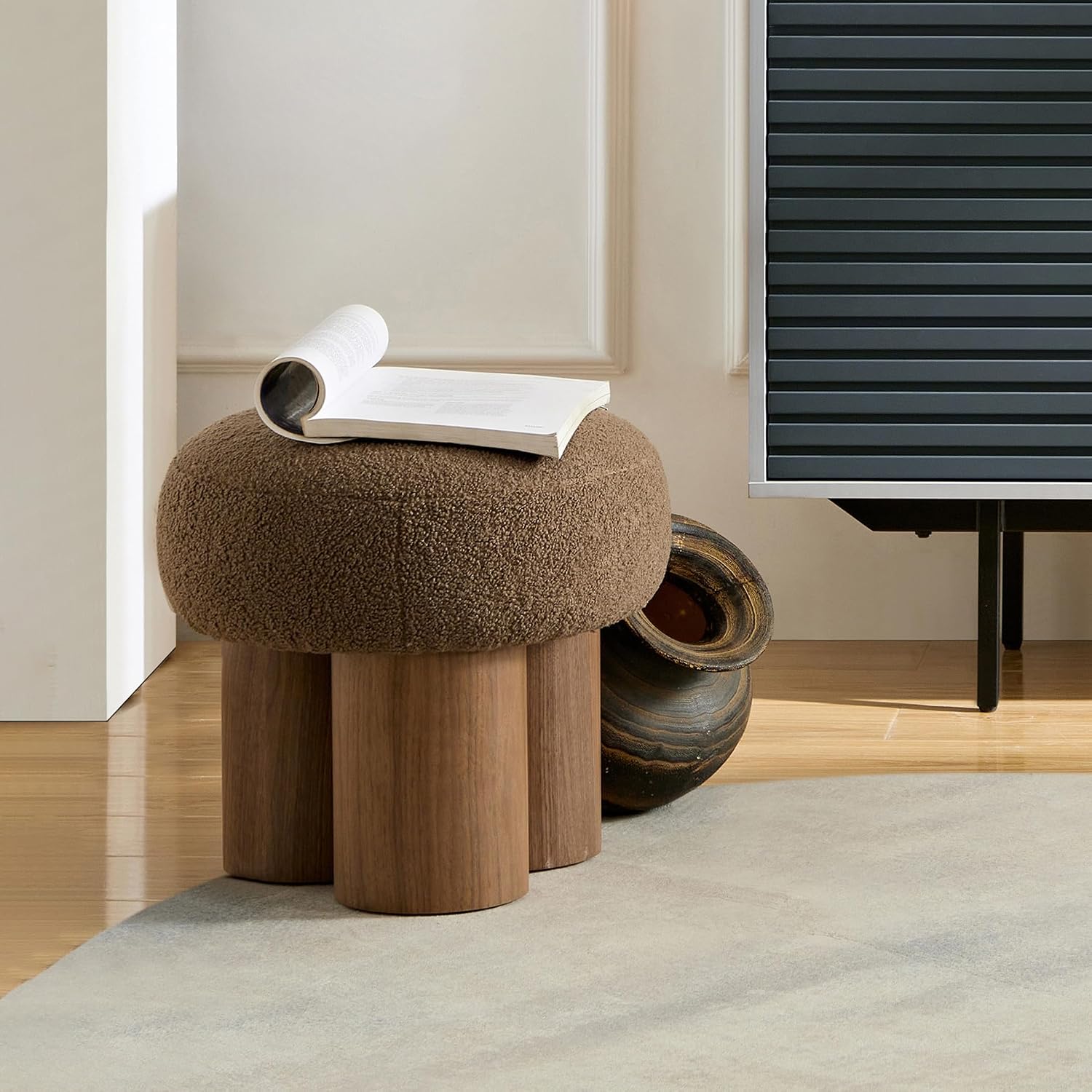 Round Mushroom Foot Stool, Teddy Fabric Footrest with Non-Skid Legs Brown | Plush round foot stool, perfect for under desk, couch, entryway; suitable for living room, bedroom and office use