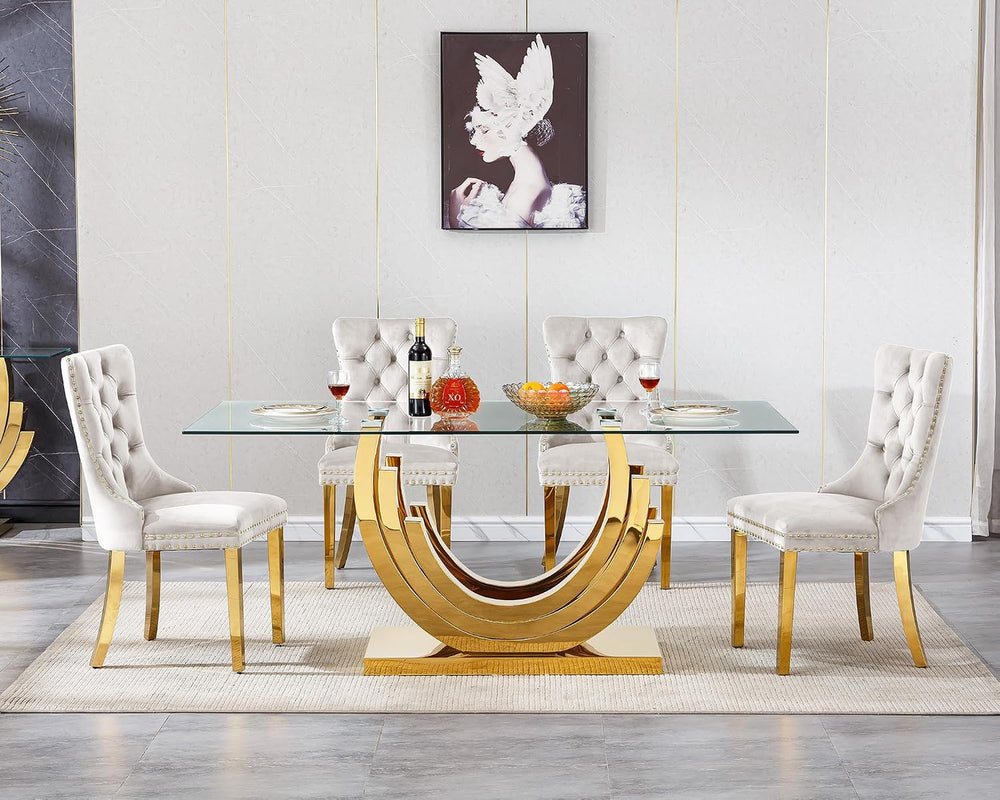 70 inch Tempered Glass Dining Table, Rectangular Glass Kitchen Table with Gol...