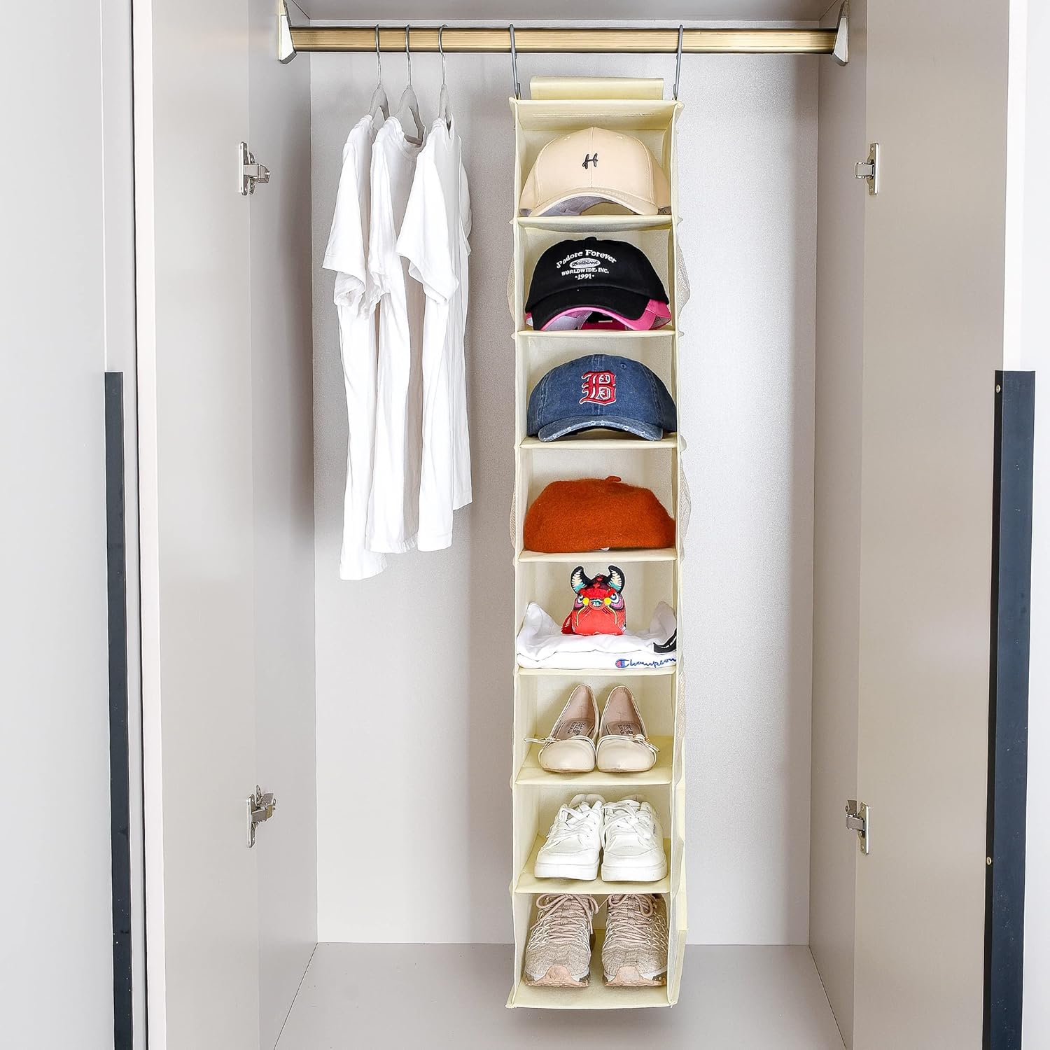Berdeng Hanging Shoe Organizer for Closet with Side Mesh Pockets，Hat Racks for Baseball Caps，Shoe and Hat Holder & Storage，8-Shelf，Beige，1 Pack