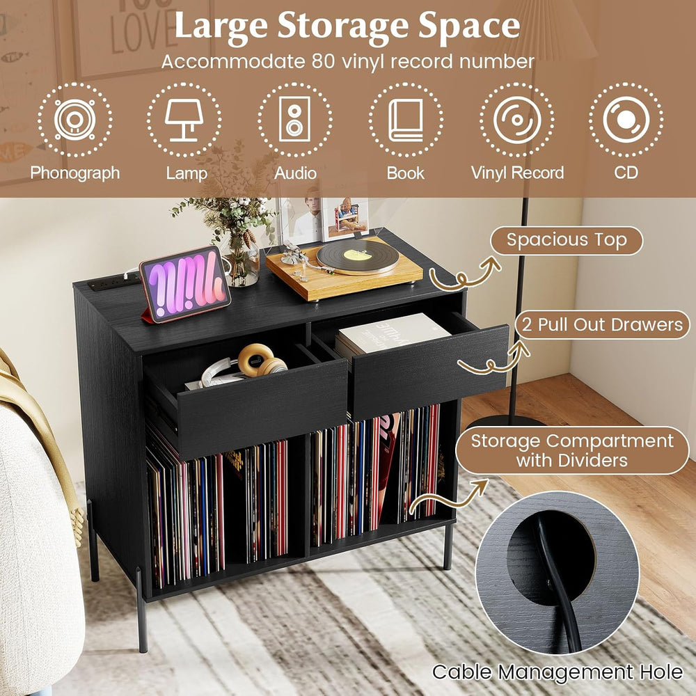 LOKO Large Record Player Stand with Charging Station, Vinyl Record Holder wit...