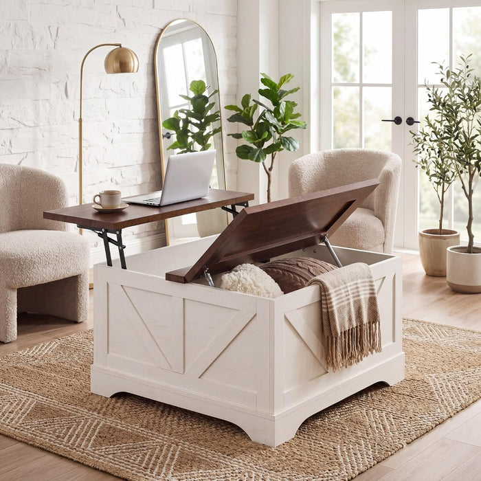 Tangkula Farmhouse Lift Top Coffee Table with Storage, Rustic Brown + White