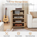 LEVNARY 5-Tier AV Media Cabinet with Grille Door & Adjustable Shelves, Modern Wooden Stereo Rack with Cable Management & Wheels, Audio Video Stand for Living Gaming Room Recording Studio (Natural)