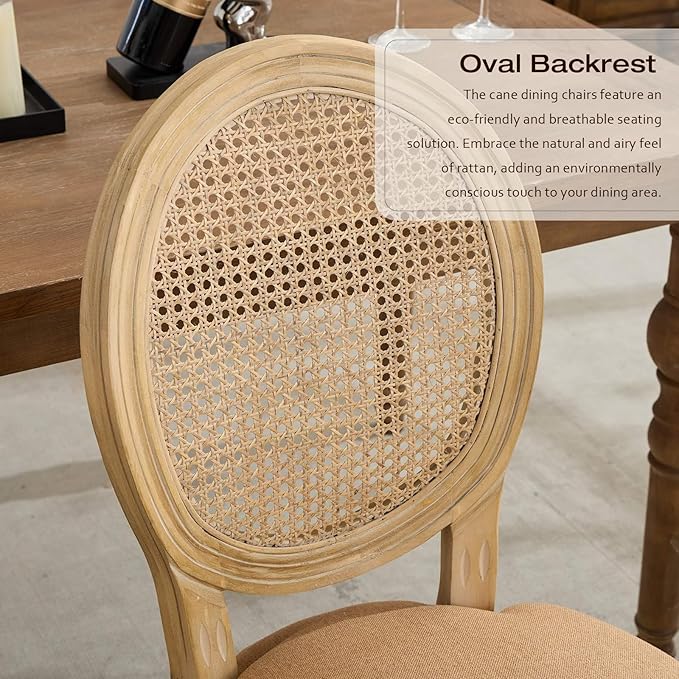 Rattan Back Upholstered Dining Chairs Set of 4 French Country Oval Kitchen Side Chairs with Wood Legs for Dining Room, Kitchen, Restaurant(Tan-Rattan)