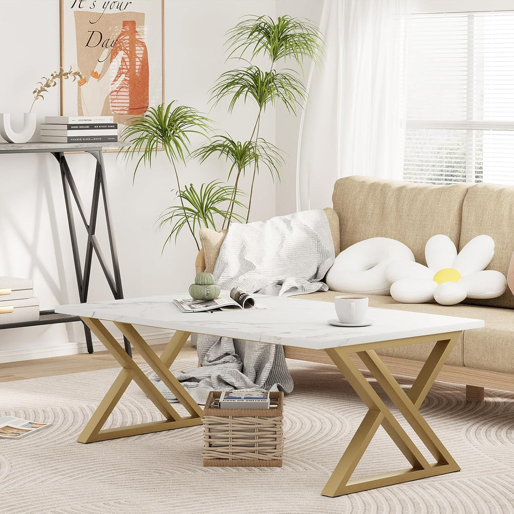 Wolawu Coffee Table Living Room Table White Center Table, Modern Faux Marble ...