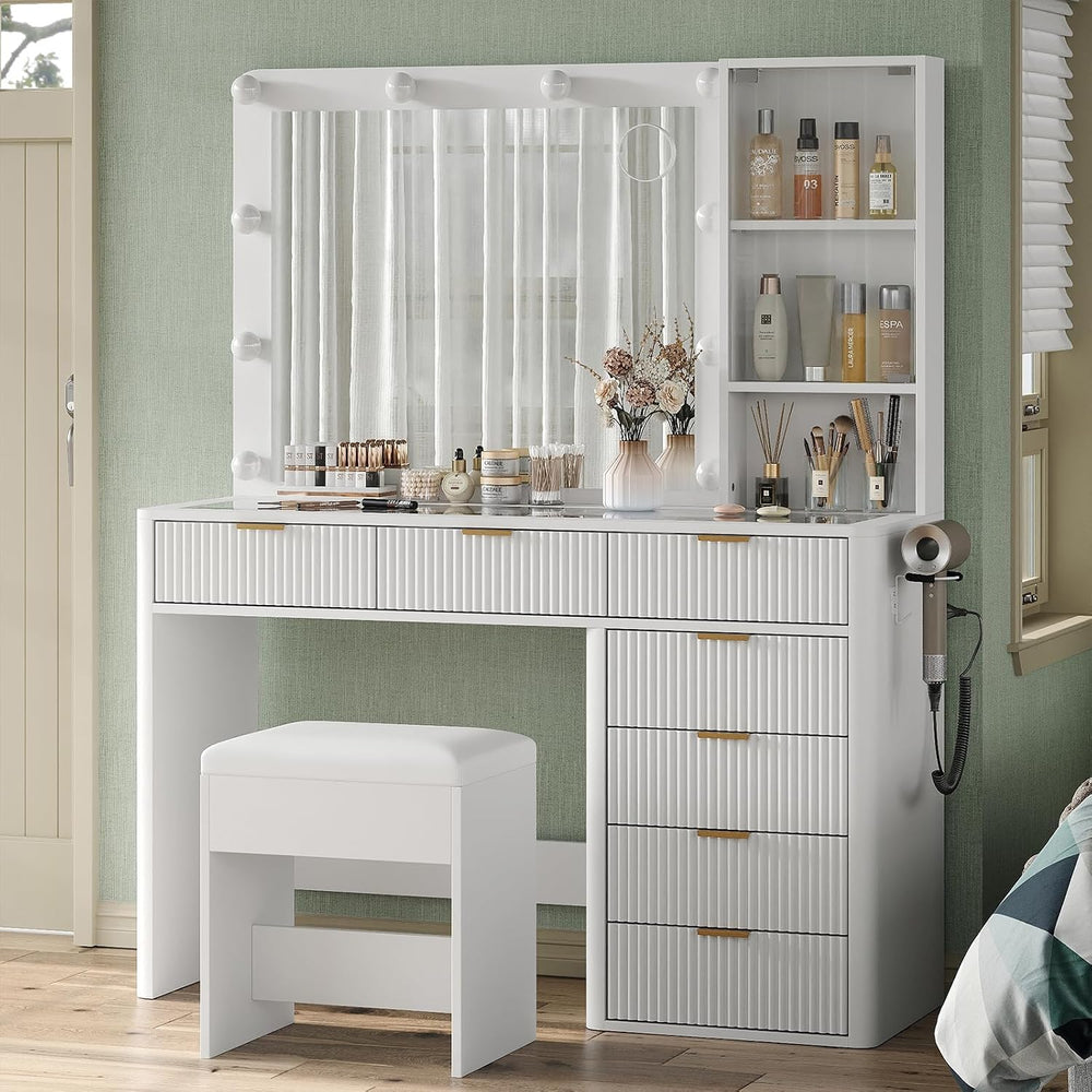 Yanosaku 47" Fluted Vanity Desk with Mirror & LED Lights, 7-Drawer M...
