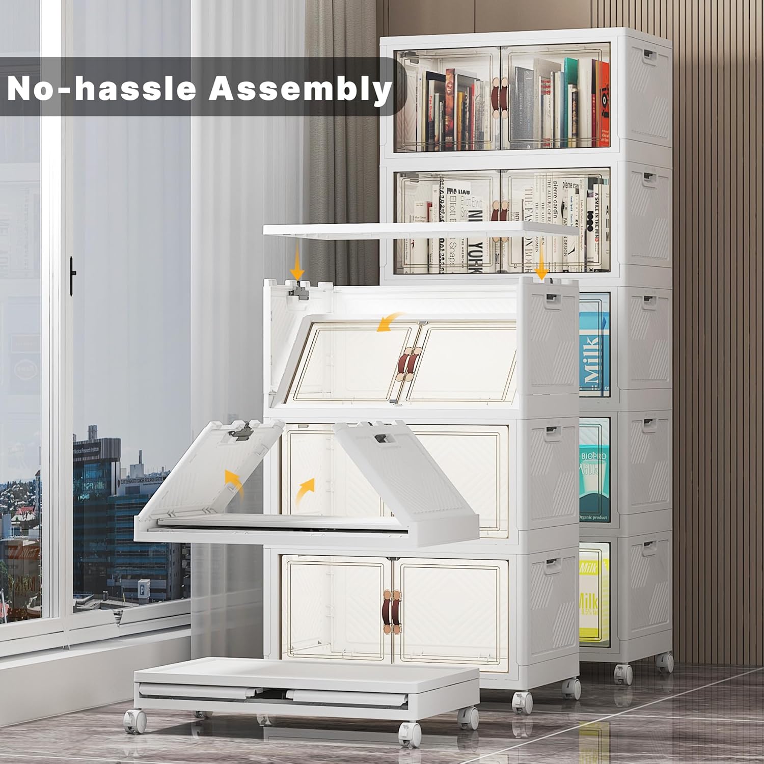 Extra Large Stackable Storage Bins with Lids & Wheels & Door, 260QT-52QT/13GAL*5Pack Foldable Collapsible Closet Organizers, Plastic containers drawers for bedroom Dorm