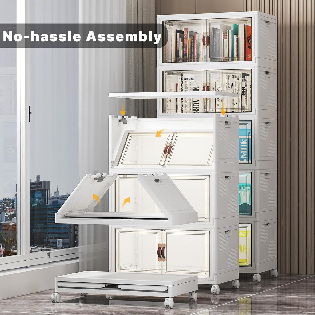 275Qt Stackable Storage Bins with Lids, 5 Pack Large Collapsible Bins with Wheels, Plastic Cabinet with Doors, Foldable Closet Organizers and Storage for Home, Dorm, Office, White