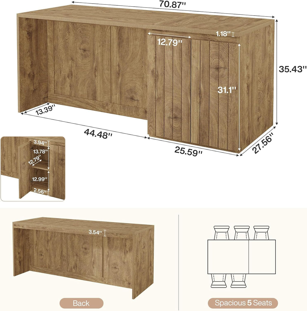 Tribesigns 71 Inch Stationery Kitchen Island with Double Door Storage Cabinet, 35.4" Counter Height Bar Table with Inner Shelves, Farmhouse Kitchen Work Island, Brown