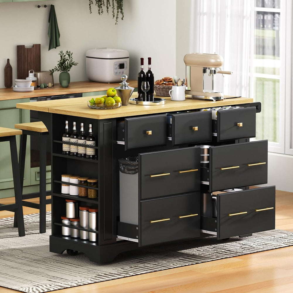 Geelife Kitchen Island with 6 Drawers and Pull-Out Trash Can Storage, Black |...