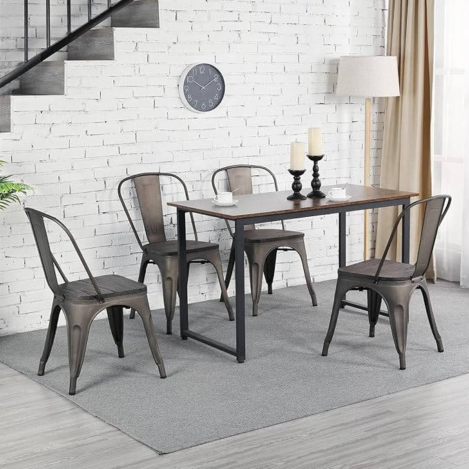 Yaheetech Metal Dining Chairs Set of 4, Industrial Stackable Kitchen Chairs with Wood Top Seat for Dining Room/Restaurant/Bistro/Patio, Indoor & Outdoor Use, Gun Metal