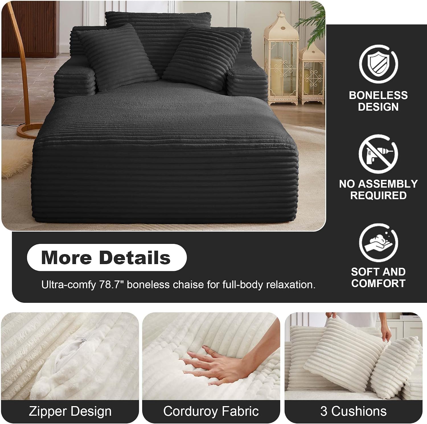 Oversized Chaise Lounge Chair Indoor, 78.7" Extra Deep Boneless Corduroy Lounge Couch Bed with 2 Pillows, Single Seat Reading Chairs for Living Room,Bedroom,Apartment,No Assembly Required