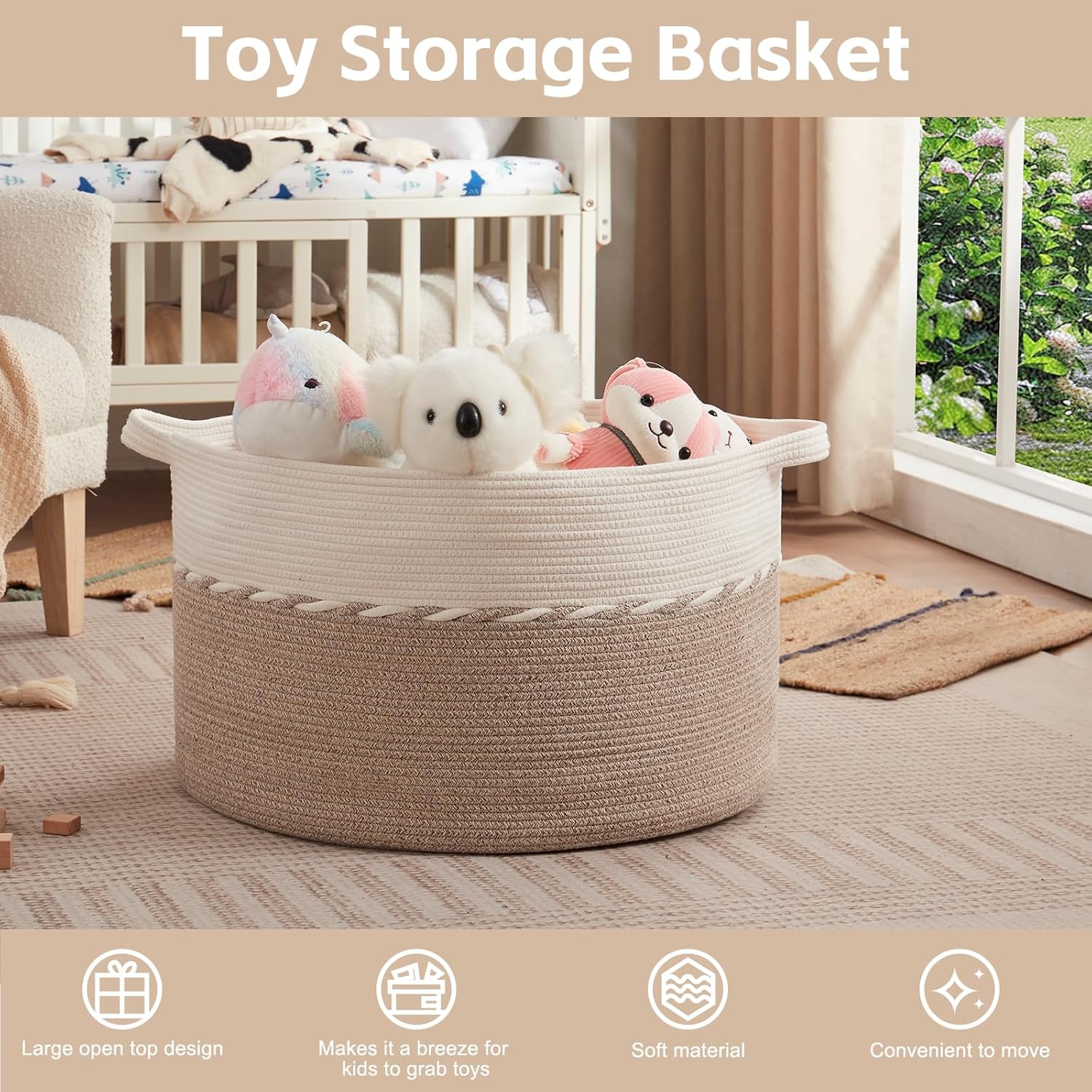 OIAHOMY 87L Extra Large Blanket Basket, 23" x 13", Jumbo Laundry Hamper, Cotton Rope Basket with Handles for Living Room,Baby Toy Storage Bins, Brown