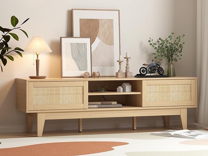 Boho TV Stand for 55 65 Inch TV, Rattan Entertainment Center with Shelves, Ca...