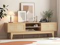 Boho TV Stand for 55 65 Inch TV, Rattan Entertainment Center with Shelves, Cabinets and Sliding Doors, TV Media Console Table with Solid Wood Feet & Cord Holes for Living Room, Bedroom, Natural