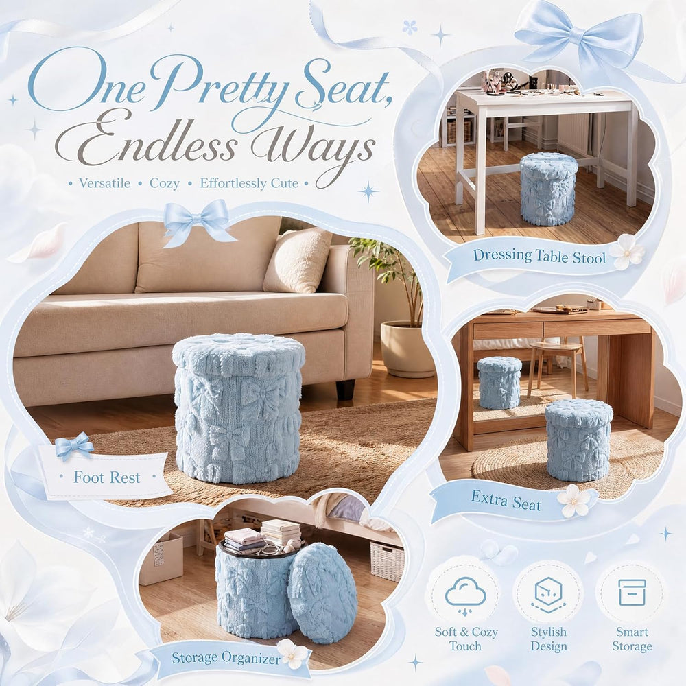 RattanView Foldable Ottoman with Storage 12 Inch Blue Bow Coquette Round Stor...
