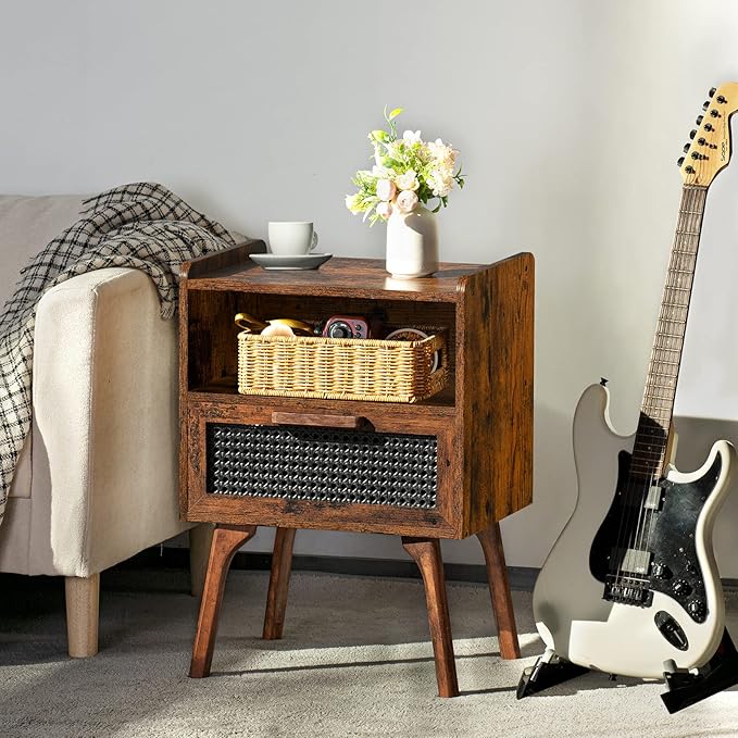Lerliuo Rattan Nightstands Set of 2, Boho Side Table with Drawer Open Shelf, ...