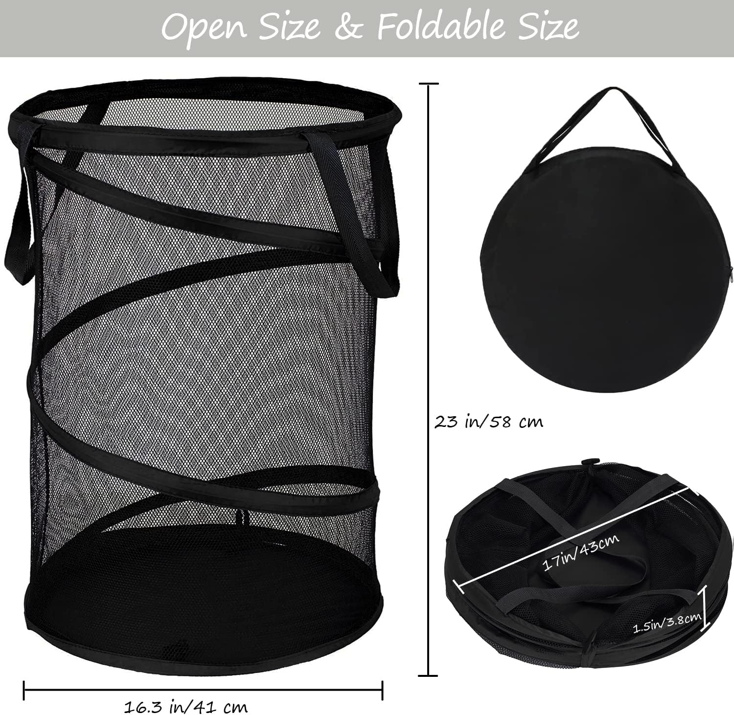 BATTOO 2 Pack Black X-Large Collapsible Laundry Basket Foldable Mesh Pop Up Hamper with Handles for Laundry Room, Bathroom, Kids Room, College Dorm, Travel, Camping, Gift Basket