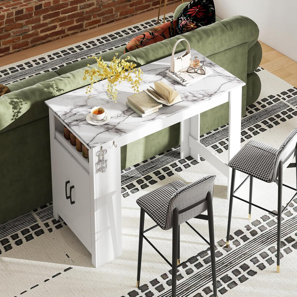 COSTWAY Bar Table, Modern Faux Marble Breakfast Table with 7 Hanging Hooks, Open Compartment, Storage Cabinet & Adjustable Shelf, Counter Height Dining Table for Kitchen, Dining Room, Living Room | 7 Hanging Hooks, Open Compartment, Storage Cabinet &