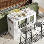 COSTWAY Bar Table, Modern Faux Marble Breakfast Table with 7 Hanging Hooks, Open Compartment, Storage Cabinet & Adjustable Shelf, Counter Height Dining Table for Kitchen, Dining Room, Living Room | 7 Hanging Hooks, Open Compartment, Storage Cabinet &